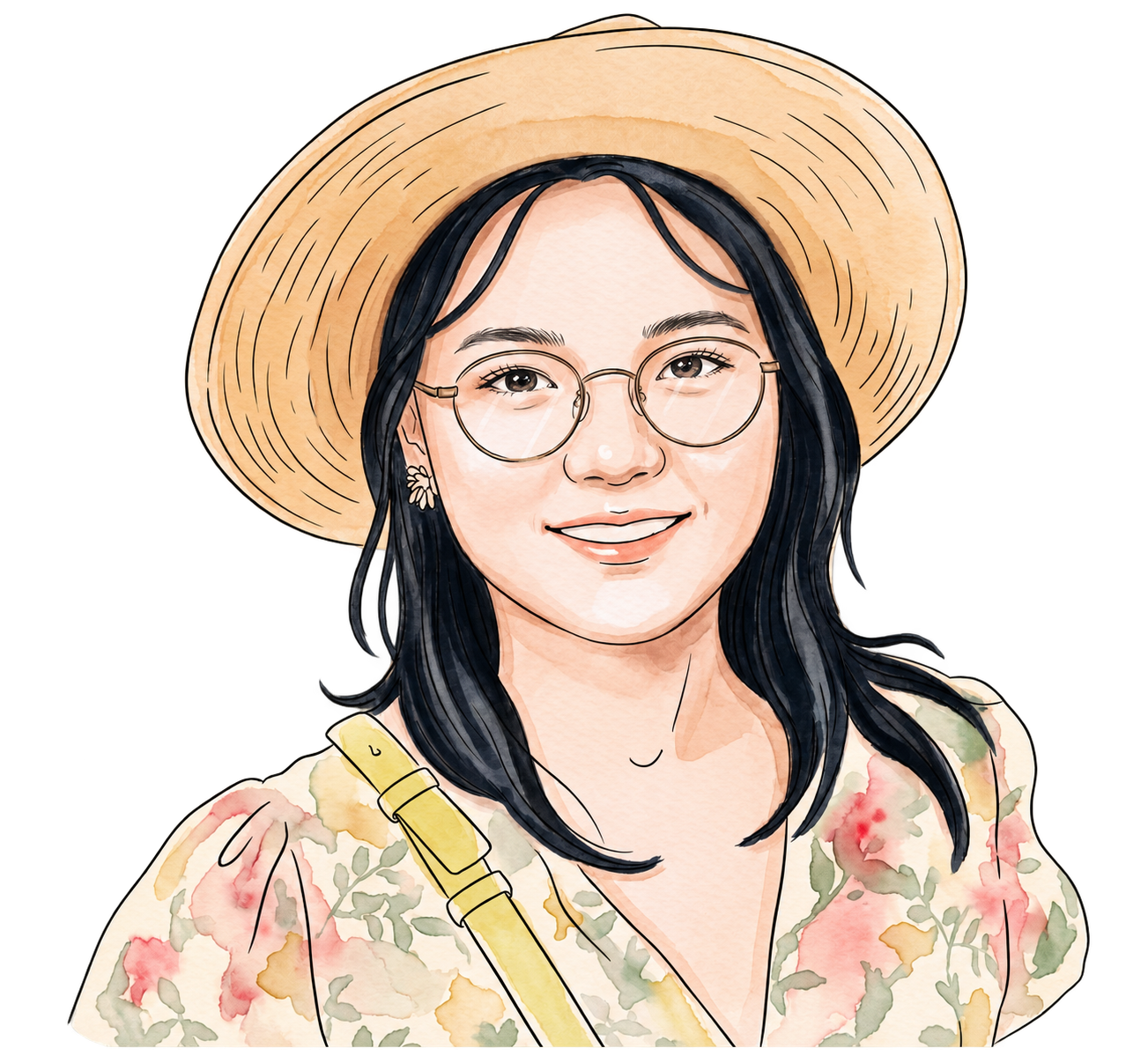 Watercolor and ink portrait of Yuanjun Feng wearing a straw hat